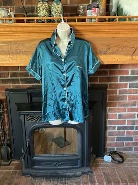 Satin Short Sleeve Button Down Pajama Top Emerald Green XL